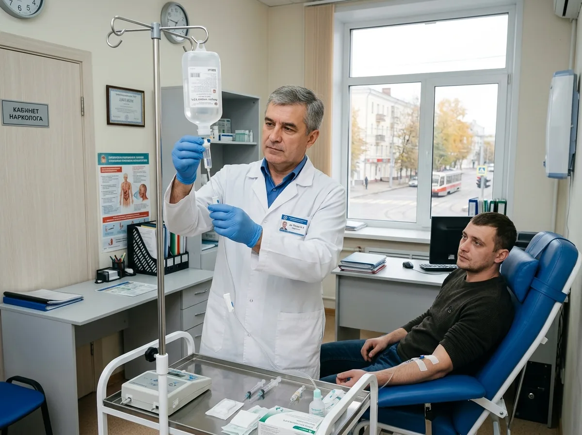 Врач-нарколог в белом халате готовит капельницу для пациента, медицинский кабинет Нижнего Новгорода, профессиональная уверенная атмосфера