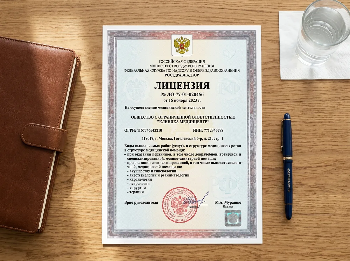 Выписка из реестра лицензий Росздравнадзора с номером медицинской лицензии и видами разрешённой деятельности